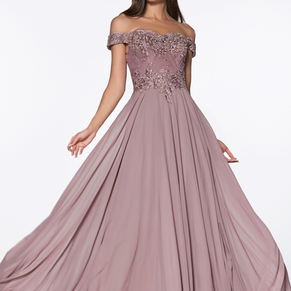 off the shoulder flowy prom dress